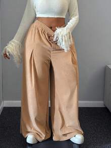 Maweii Plus Size Women Fall Loose High Waist Straight Leg Casual Pants - Khaki - View 3