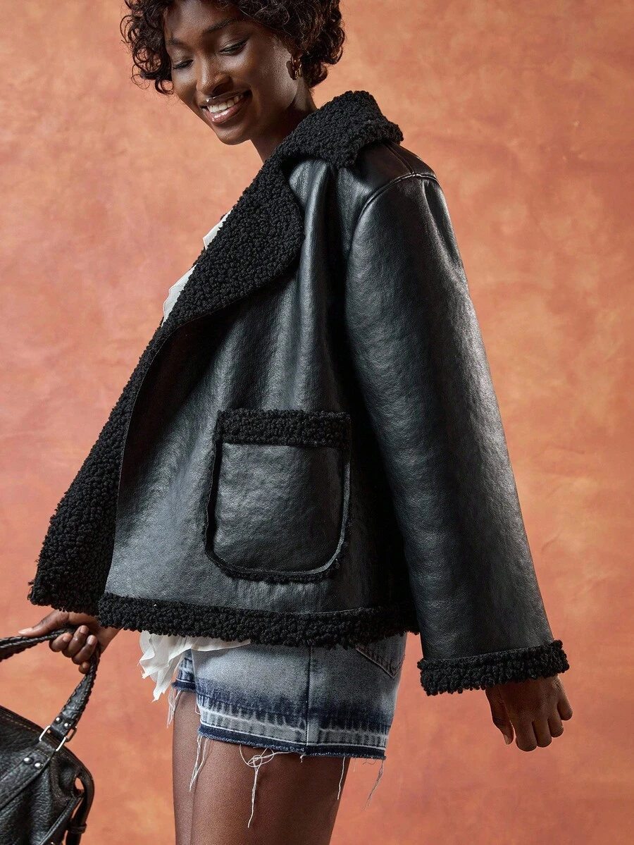 EURMUSE Áo khoác nữ thời trang, lót vải Teddy bên trong bằng da PU, cỡ lớn, mặc thường ngày khi đi làm - màu đen - Xem 1