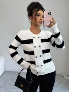 Elenzga Cardigan tricotat cu mânecă lungă pentru femei, cu design clasic cu dungi, la modă, versatil, pentru naveta zilnică, cu nasturi, guler rotund, elegant și grațios, toamnă/iarnă - Alb-negru - Vizualizare 3