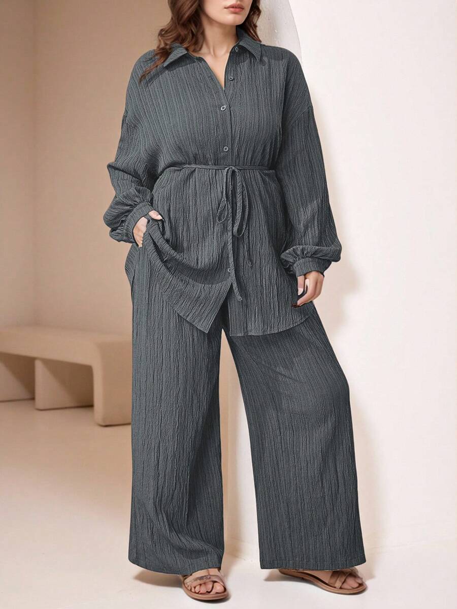 Veilorie 2pcs Plus Size Plain Front Button Long Sleeve Casual Blouse And Pants Set 2 Pieces Set - Grey - View 1