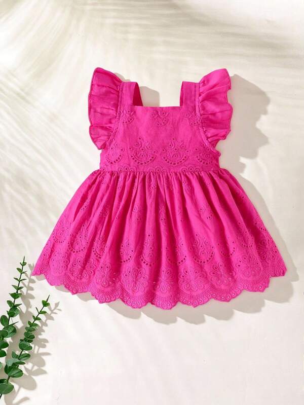 SHEIN Playful Pals Baby Girl Summer Square Collar Short Flutter Sleeve Burn-Out Floral Embroidery Cute Dress