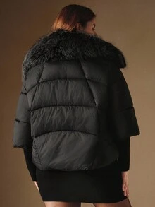 Anewsta 加大码女式奢华仿毛领针织袖厚夹克，适合秋季、秋季、冬季、外出、优雅、正式、派对、别致、新年、女式冬季外套、圣诞节、工作、毕业 - 黑色 - 查看 2