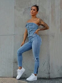 SAYEHFBABY 毛邊下擺鈕扣前筒牛仔上衣 - 淺色水洗藍 - 查看 6