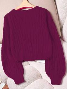 GlowEve CURVE 大码女式休闲修身圆领长袖麻花针织套头衫，秋冬 - 中紫紅色 - 查看 2