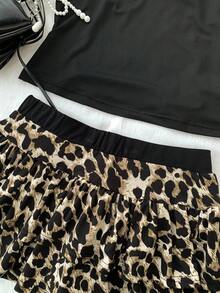 SHEIN 少女豹纹叠层A字裙裤，休闲运动学院风豹纹猎豹可爱裙裤 - 棕色 - 查看 3