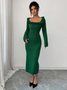 Elenzga Women's Autumn/Winter New U-Neck Floral Design Elegant Fitted Flare Sleeve Midi Knit Sweater Dress, Versatile For Daily Wear And Dates - Green - View 5