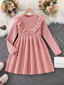 Vestido de punto con volantes en el bajo, unicolor, informal, para niña preadolescente, otoño/invierno - Rosa - Ver 1