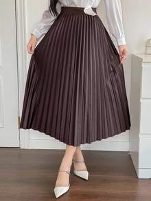 DAZY 女士优雅褶裥A字裙，秋冬女装半身裙 - 棕色 - 查看 6
