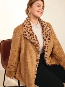 Momelise 大码豹纹拼布常规夹克 - 棕色 - 查看 7