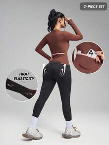 Innovista 女士撞色拼接运动套装，精致双色设计，运动健身服，透气速干运动上衣搭配提臀紧身裤，裤腿带手机卡口袋，两件套，适合日常瑜伽、骑行、高强度间歇训练、办公室、法庭、早午餐、健身房等各种场合，实用时尚，街头休闲风。 - 咖啡棕 - 查看 3