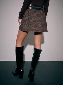 Nöista Chic Brown Tweed A-Line Skirt,Autumn Winter Retro-Modern Style With Wide Double-Layered Black Belt & Metal Buckles,Perfect For Date & Smart Looks - Multicolor - View 2