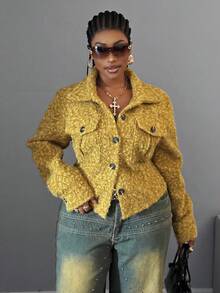 Maweii Plus Size Women's Casual Single-Breasted Pocket Long Sleeve Jacket, Elegant Design - Yellow - View 1