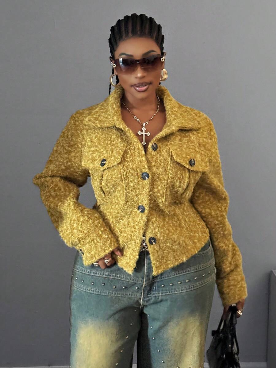 Maweii Plus Size Women's Casual Single-Breasted Pocket Long Sleeve Jacket, Elegant Design - Yellow - View 1