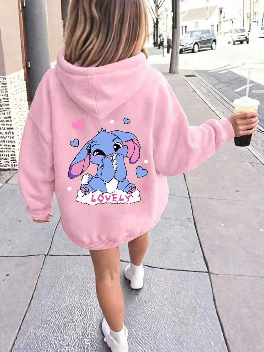 SHEIN Playful Pals 女童休闲可爱卡通兔子印花连帽卫衣，粉色女童卫衣，日常穿着，秋冬季 - 粉色 - 查看 1