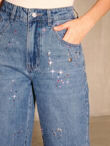 Anewsta Fashionable Rhinestone Embellished Straight Leg Blue Jeans For Women - Blue - View 3
