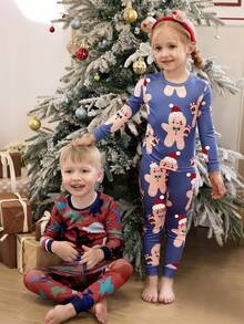 4pcs/Set Young Girl' Cute Christmas Tree & Gingerbread Man Cartoon Print Comfortable Pajama Set, Spring/Autumn - Multicolor - View 4