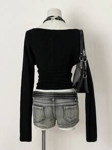 EgrlEra 女士纯色性感前卫V领休闲长袖毛衣，秋冬 - 黑色 - 查看 2