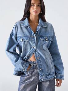 LYSMO 2025 秋冬新款极简主义女式时尚水钻星星牛仔外套，秋冬圣诞节/新年/感恩节时尚牛仔外套 Y2K - 淺色水洗藍 - 查看 2