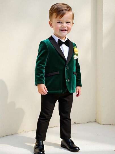 SHEIN 2pcs/Set Baby Boy Green Velvet Blazer Jacket & Black Pants Outfit, Gentleman Suit, Suitable For Indoor, Outdoor, Daily, Sports, Play, Party, Photo Shoot, Wedding, Baby Shower, Christening, 1st Birthday Celebration, Elegant, Wedding Guest, Pageboy, Ring Boy, Wedding, Festival, Halloween, Christmas, New Year Fall Winter Baby Boy Green Suit Boy Wedding Suit Ring Bearer Outfit Toddler Tuxedo Suit Dark Green Outfit For 1 Year Old Boy