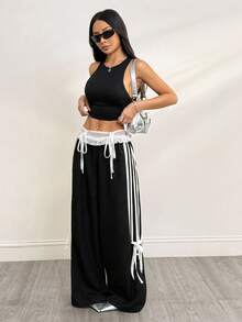 SHEIN PETITE 女式夏季黑色上学可爱 Y2K 派对蕾丝蝴蝶结中腰直筒黑色裤子 - 黑色 - 查看 4