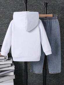 2 件儿童青少年男童休闲百搭舒适熊印花宽松连帽衫和牛仔套装、白色上衣、宽松牛仔裤、可爱上衣、校服、返校服、牛仔裤、紧身牛仔裤、牛仔裤、基本款上衣、学校上衣、返校 - 彩色 - 查看 4