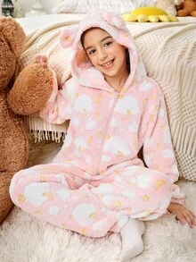SHEIN Tween Girl Cute Bear Ear Hooded Star & Moon Print Cozy Fleece Pajamas, Pink - Baby Pink - View 1