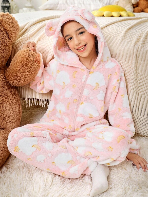 SHEIN Tween Girl Cute Bear Ear Hooded Star & Moon Print Cozy Fleece Pajamas, Pink