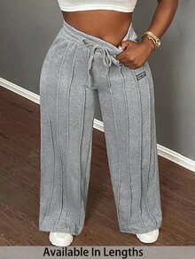 SHEIN PETITE CURVE 大码女式休闲全灰色低腰直筒开学运动裤，适合秋冬季 - 灰色 - 查看 1