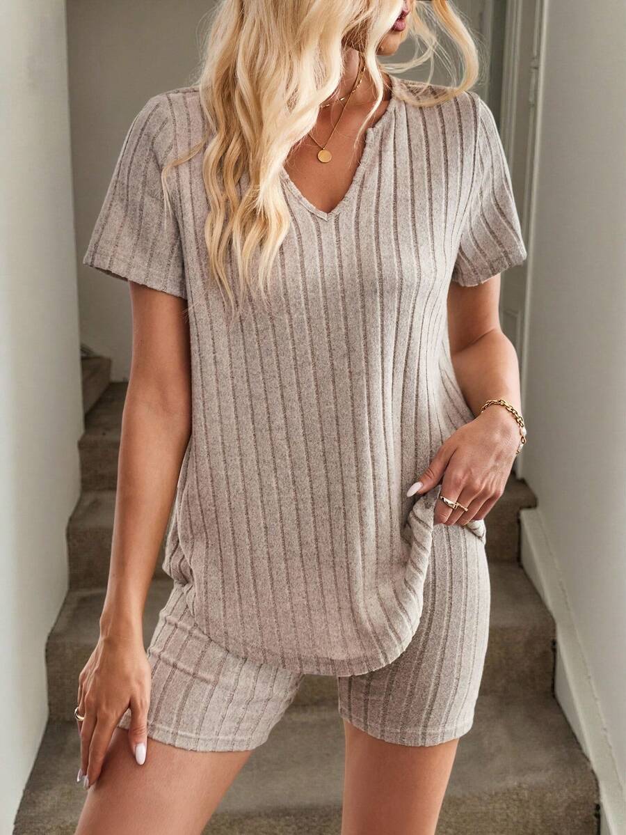 Easowa Conjunto De Dos Piezas De Punto Acanalado De Color Sólido Para Mujeres - Albaricoque - Ver 1