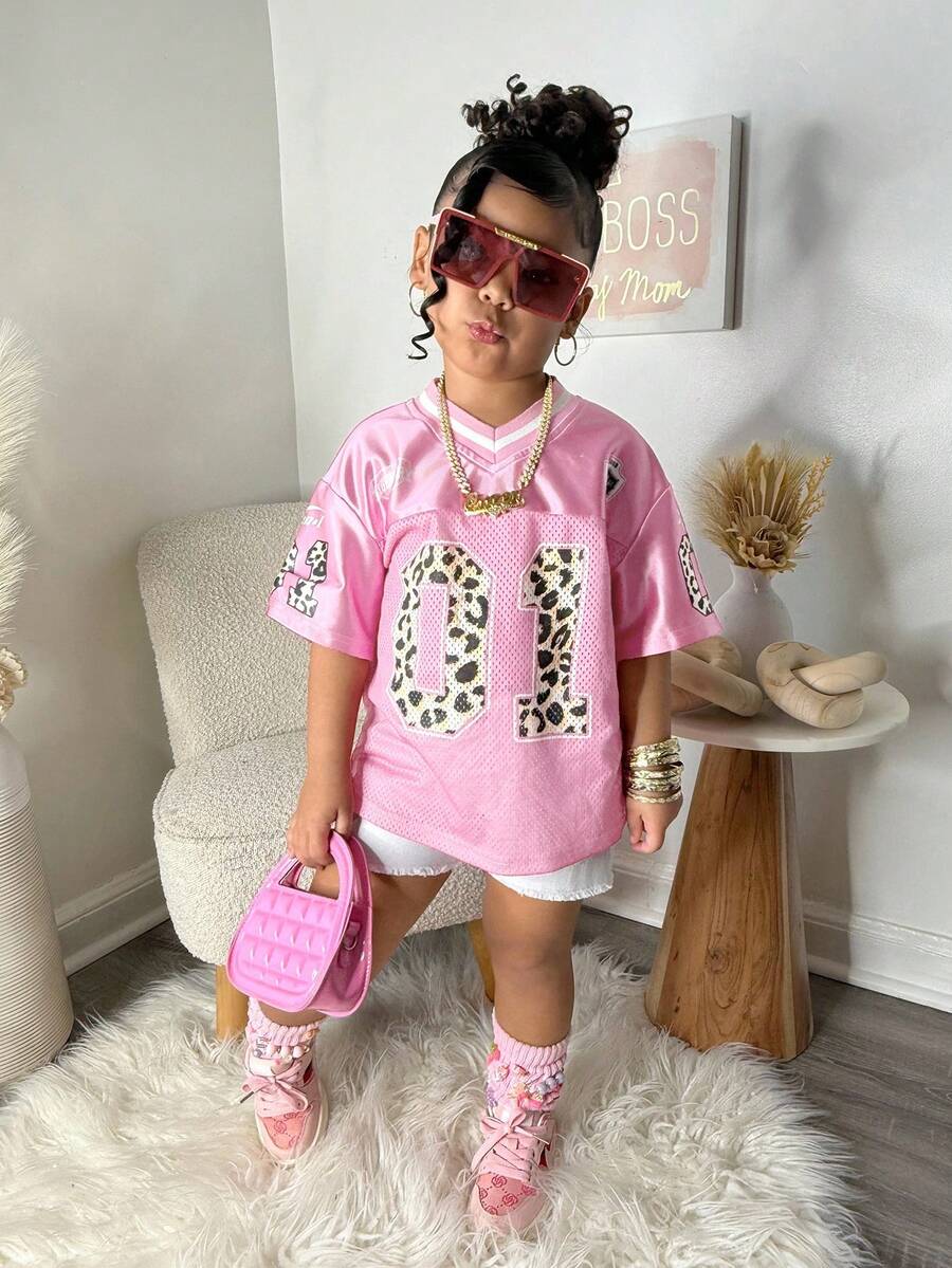 少女宽松V领豹纹字母图案休闲运动T恤 粉色 Y2K - 粉色 - 查看 1