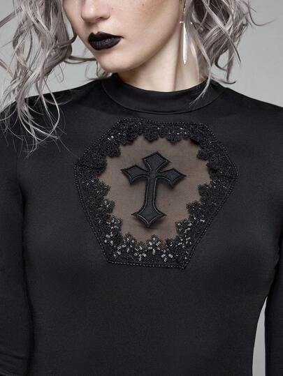 Goth Top senza maniche da donna con ricamo a croce gotico e design traforato