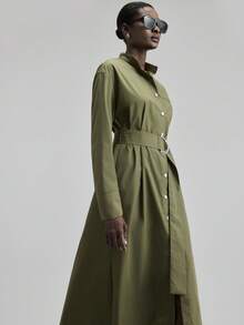 Ontre 2025 新款女式长裙，秋冬，现代都市风格，女装，军绿色，收腰宽松版型，系带，商务休闲，通勤，日常穿着，秋冬，圣诞节，万圣节，节日，度假，派对，合身廓形，女装，都市时尚，简约优雅女装，纽扣，梭织面料，女装 - 軍綠色 - 查看 3