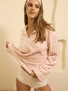 Aralina 舒适柔软抓绒格纹四分之一拉链长袖睡衣上衣，秋冬款，蓬松柔软 - 彩色 - 查看 2