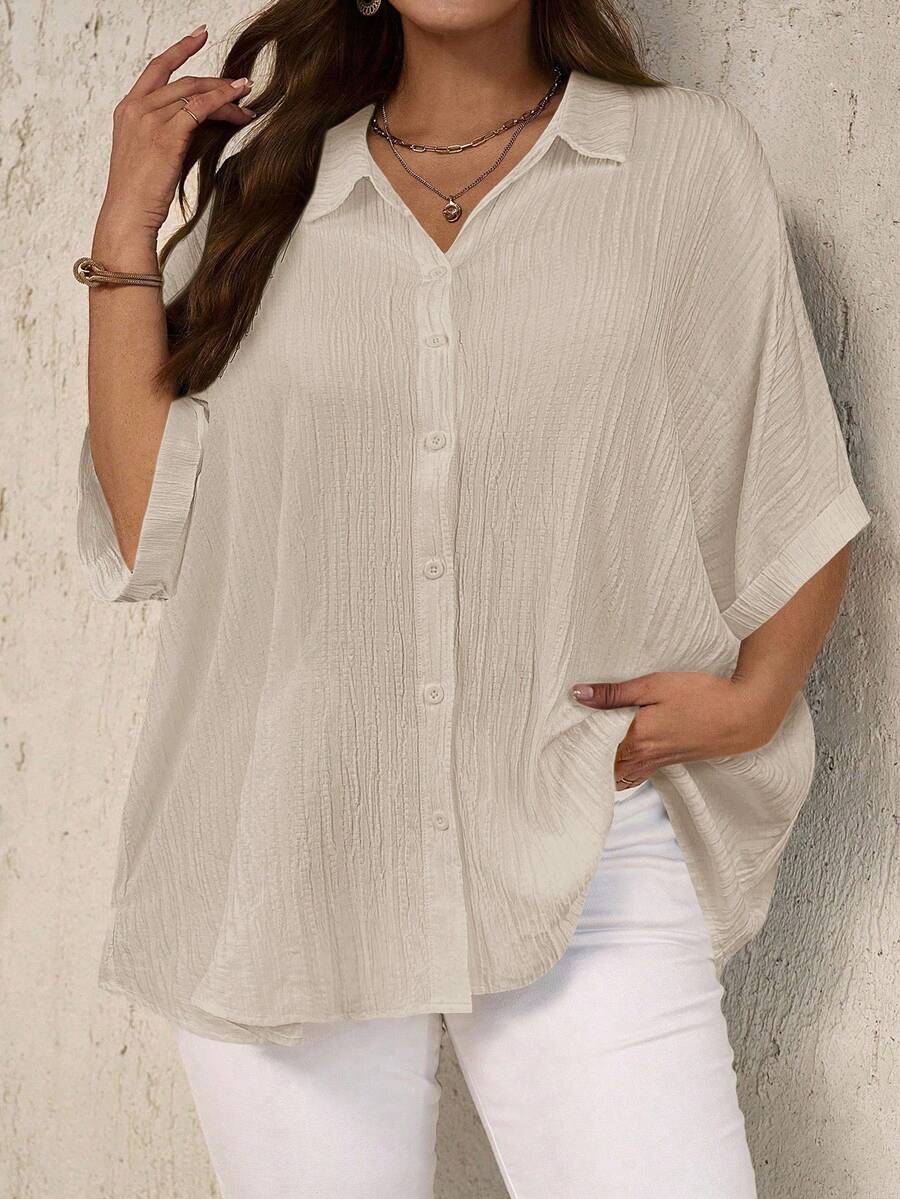 EMERY ROSE Plus Size Women Casual Simple Button-Up Shirt - Apricot - View 1