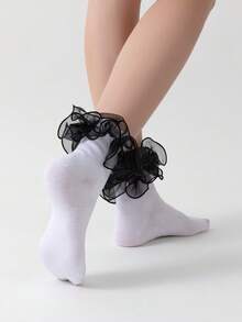 ROMWE Kawaii Women's Fashionable Mid-Calf Socks With Hollow Ruffled Design - Black and White - View 2