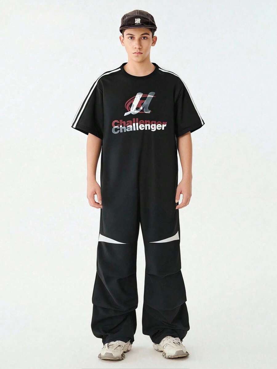 SHEIN 2pcs/Set Teen Boy Letter Print Round Neck Short Sleeve T-Shirt And Wide Leg Pants