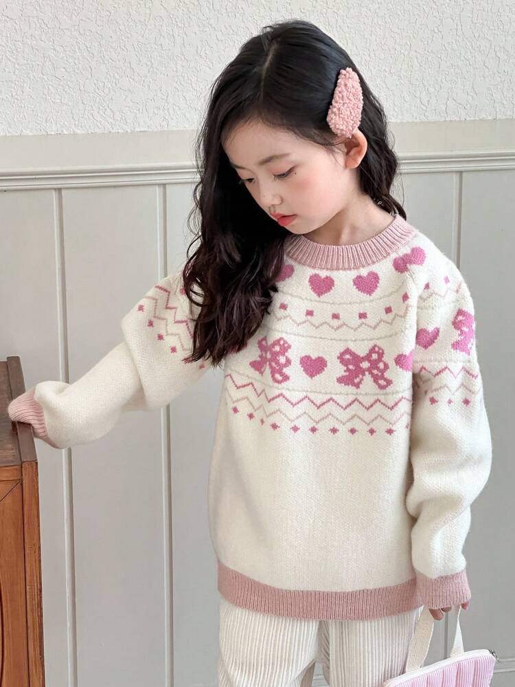 Girls' Fashion Heart & Bow Decor Crew Neck Sweater, Autumn/Winter