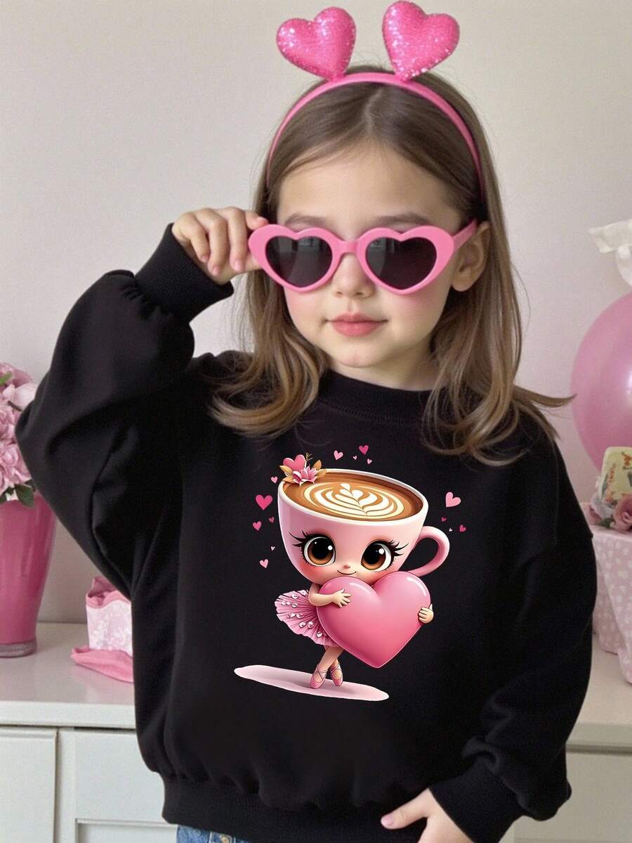 Girls Casual Fashionable Creative Cartoon Cup & Ballerina Girl Heart Graphic Print Crew Neck Sweatshirt, Suitable For Girls, Autumn Outfit Fall Winter Kids Graphic Sweatshirt Girls Black Sweatshirt Girls Long Sleeve Top Girl Sweatshirt Long Sleeve Kids Girls