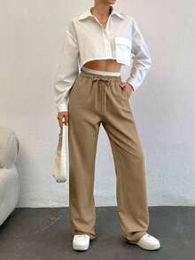 SHEIN Tall Colorblock Wide Leg Pants With Drawstring Wide Leg Sweatpants Flare Sweat Pants Straight Leg Pants Petite Wide Leg Pants, Tall Women - Beige - View 3