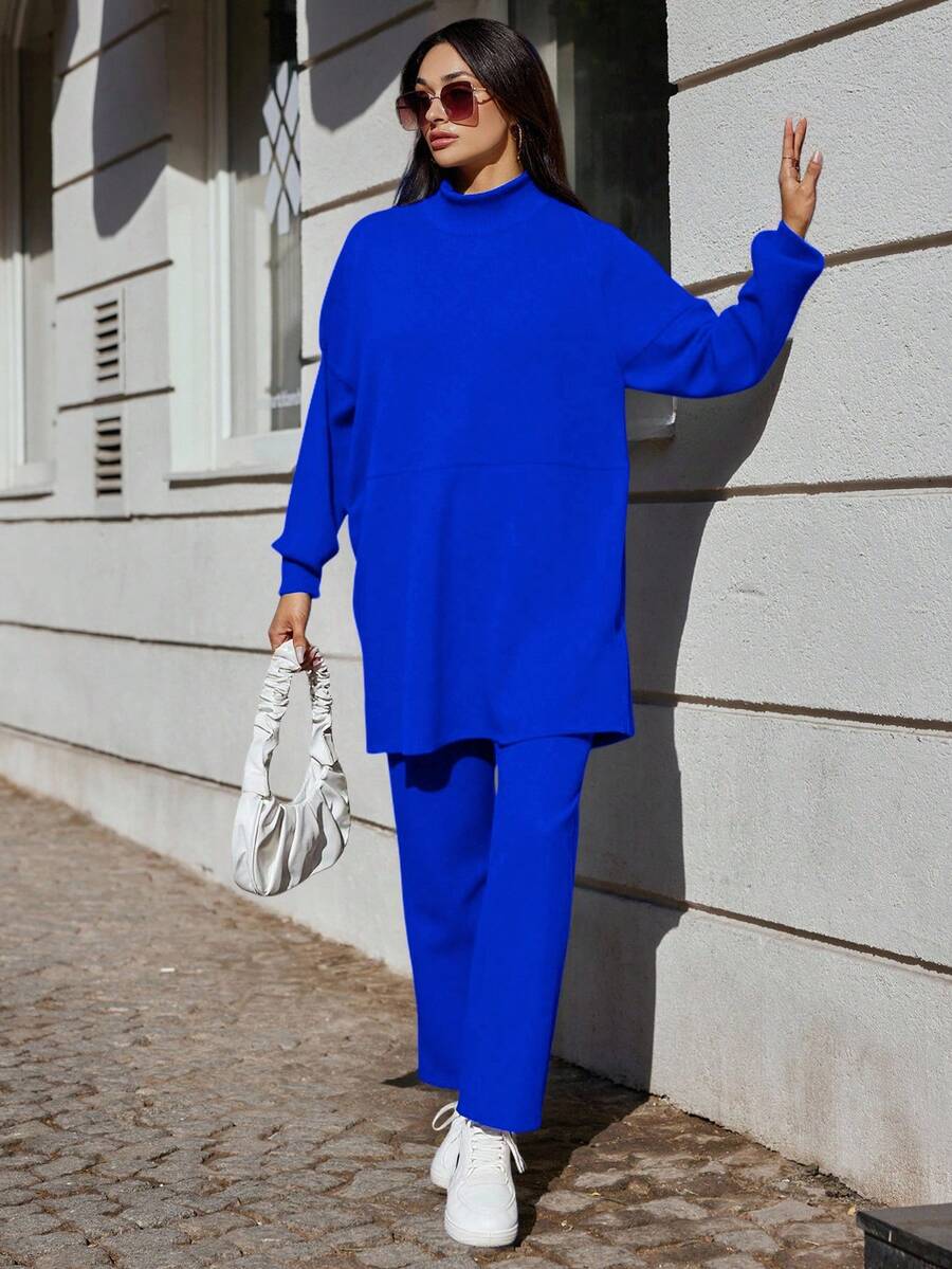 RueChic 女士實色長款毛衣和針織長褲兩件套 - 藍色 - 查看 1