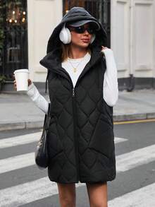 EURMUSE Quilted Hooded Sleeveless Puffer Vest With Front Zipper And Side Pockets In Matte Black Finish Women Work Outfits - Black - View 4