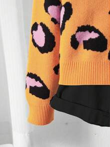 Sparklyn 女童豹纹提花针织开衫，秋冬时尚单品 - 亮橙色 - 查看 5