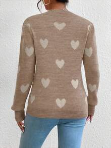 EMERY ROSE Heart Jacquard Crew Neck Casual Long Sleeve Women Sweater, Autumn/Winter - Camel - View 2