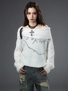 Bloopia 韩版休闲宽松青春女装秋冬万圣节新款字母提花时尚皮扣装饰斜肩露肩超大高领宽松针织毛衣 - 白色 - 查看 4