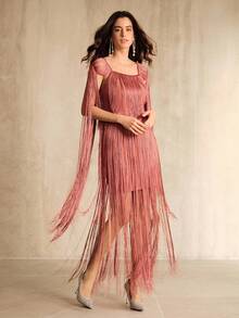 Anewsta 女士优雅婚礼宾客派对玫瑰粉色绷带方领长袖流苏拼接短裙，秋冬、新年、派对、婚礼、优雅、别致、时尚、晚礼服 - 藕粉色 - 查看 1