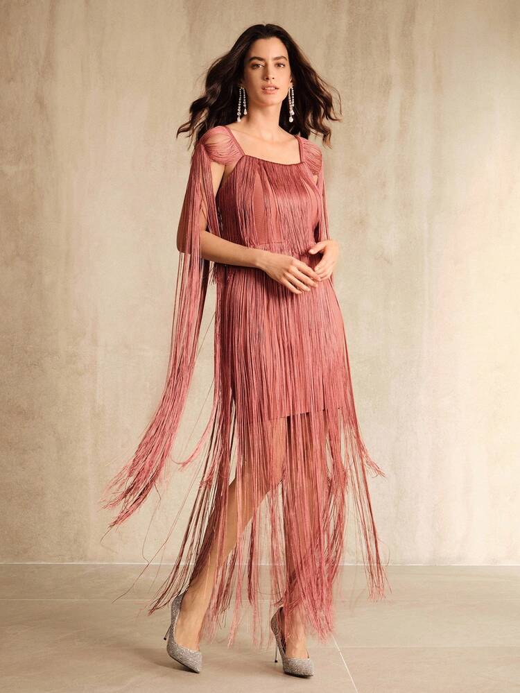 女性用エレガントな結婚式ゲストパーティードレス ローズピンク バンデージ スクエアネック 長袖 タッセル パッチワーク ショート丈、秋冬、新年会、パーティー、結婚式、エレガント、シック、スタイリッシュ、イブニングドレス