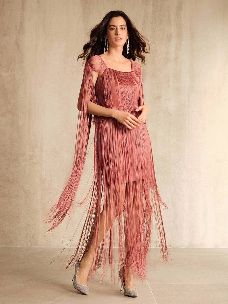 Anewsta 女士优雅婚礼宾客派对玫瑰粉色绷带方领长袖流苏拼接短裙，秋冬、新年、派对、婚礼、优雅、别致、时尚、晚礼服 - 藕粉色 - 查看 1