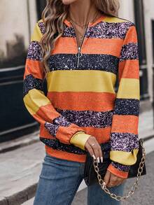 EMERY ROSE Sweat-shirt-shirt à demi-zip et manches longues avec blocs de couleurs pour femmes