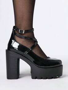 ROMWE Giày Mary Jane mũi kín quai chéo dành cho nữ, phong cách Punk Goth Rock, gót dày, quai, đồng phục JK Nhật Bản, đế chống thấm nước, giày cao gót công sở trang trọng - màu đen - Xem 4