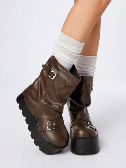 Grunge Punk 2025 Autumn/Winter New Round Toe Thick Sole Punk Style Buckle Design Leg Boots, Leather Outdoor Fashion Slip-On Short Boots